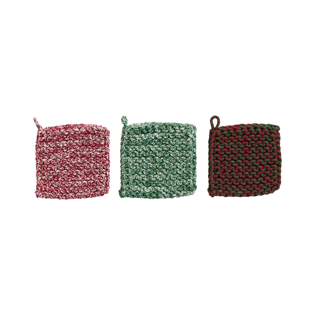 Creative Coop Melange Cotton Crocheted Pot Holder in red, green, and brown melange designs.