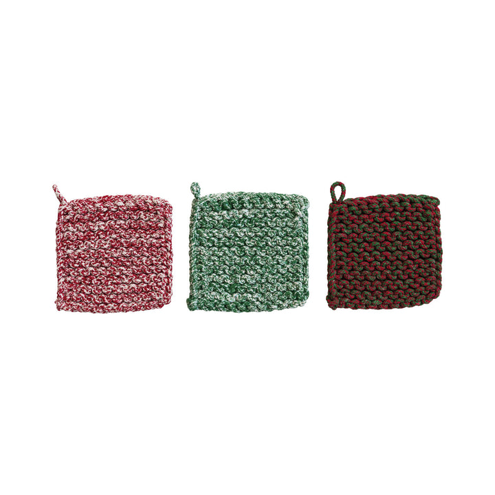Creative Coop Melange Cotton Crocheted Pot Holder in red, green, and brown melange designs.