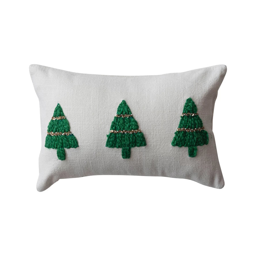 14"L x 9"H Cotton Slub Lumbar Pillow w/ Embroidered Christmas Trees &amp; Beads