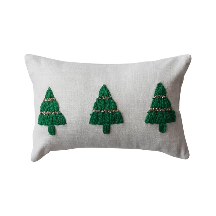 14"L x 9"H Cotton Slub Lumbar Pillow w/ Embroidered Christmas Trees &amp; Beads