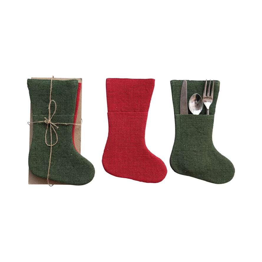 Woven Jute Stocking Shaped Cutlery Sleeves, Red &amp; Green, Set of 4