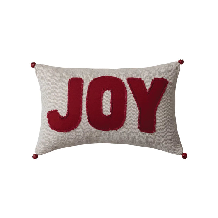 16"L x 10"H Woven Cotton Lumbar Pillow w/ Appliqued "Joy" &amp; Jingle Bells