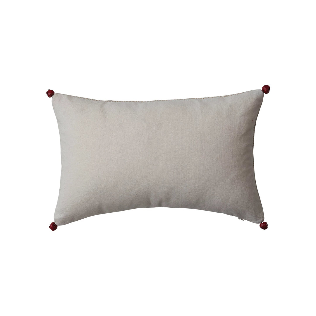 16"L x 10"H Woven Cotton Lumbar Pillow w/ Appliqued "Joy" &amp; Jingle Bells