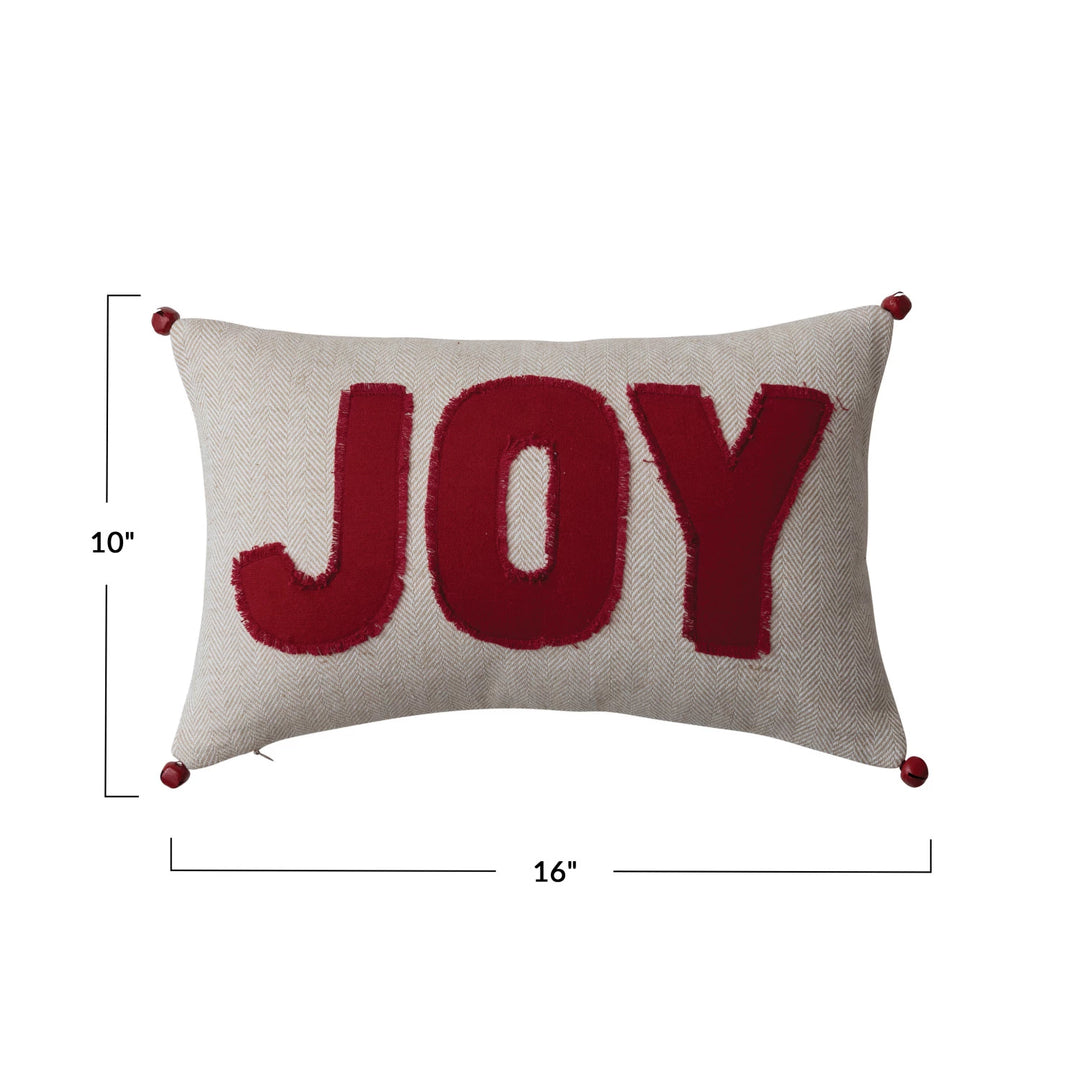 16"L x 10"H Woven Cotton Lumbar Pillow w/ Appliqued "Joy" &amp; Jingle Bells