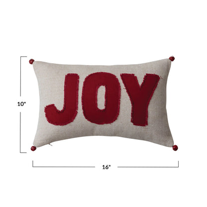 16"L x 10"H Woven Cotton Lumbar Pillow w/ Appliqued "Joy" & Jingle Bells