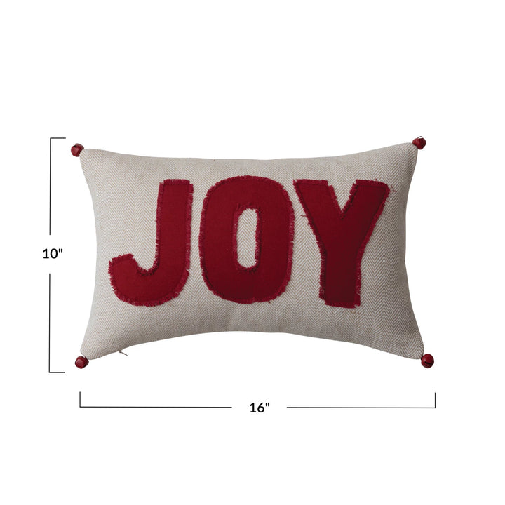 16"L x 10"H Woven Cotton Lumbar Pillow w/ Appliqued "Joy" &amp; Jingle Bells