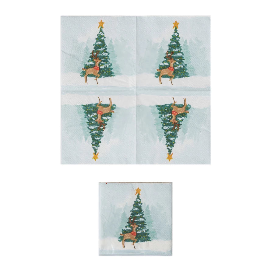 Paper Cocktail Napkins w/ Christmas Tree &amp; Reindeer (Contains 50 Folded Pieces)