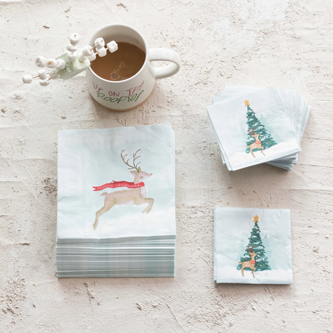 Paper Cocktail Napkins w/ Christmas Tree &amp; Reindeer (Contains 50 Folded Pieces)