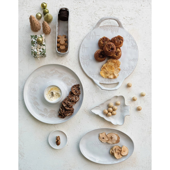 Debossed Stoneware Chip &amp; Dip w/ Pine Boughs (Each One Will Vary)