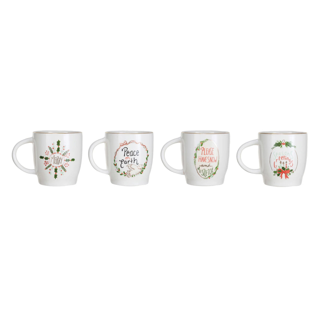 14 oz. Stoneware Mug w/ Holiday Saying &amp; Gold Electroplated Rim, 4 Styles