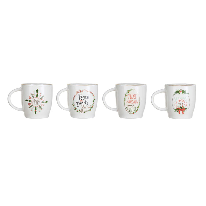 14 oz. Stoneware Mug w/ Holiday Saying &amp; Gold Electroplated Rim, 4 Styles