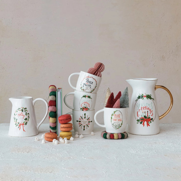 14 oz. Stoneware Mug w/ Holiday Saying &amp; Gold Electroplated Rim, 4 Styles