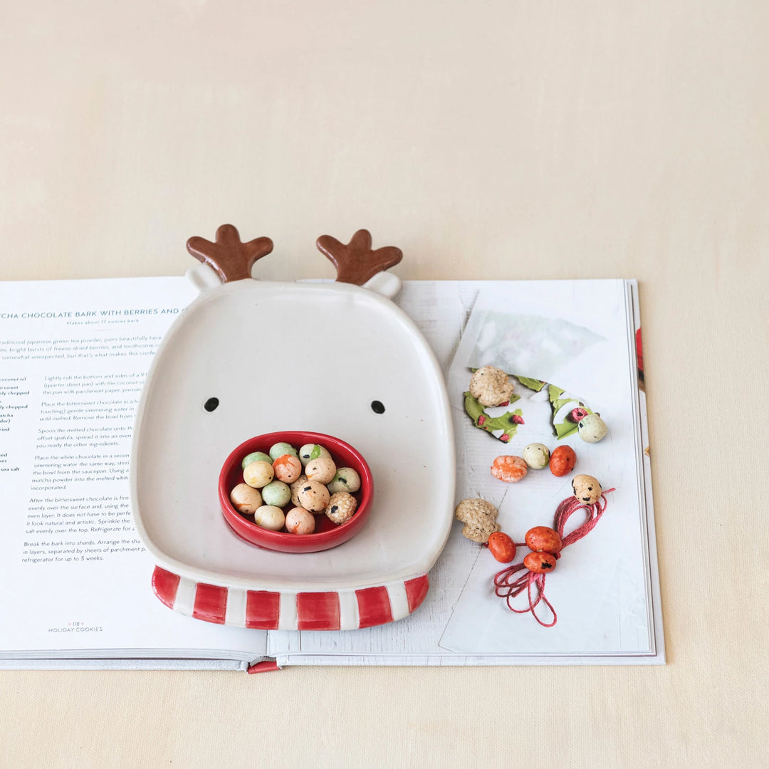 Stoneware Reindeer Shaped Platter w/ Dish (Each One Will Vary)