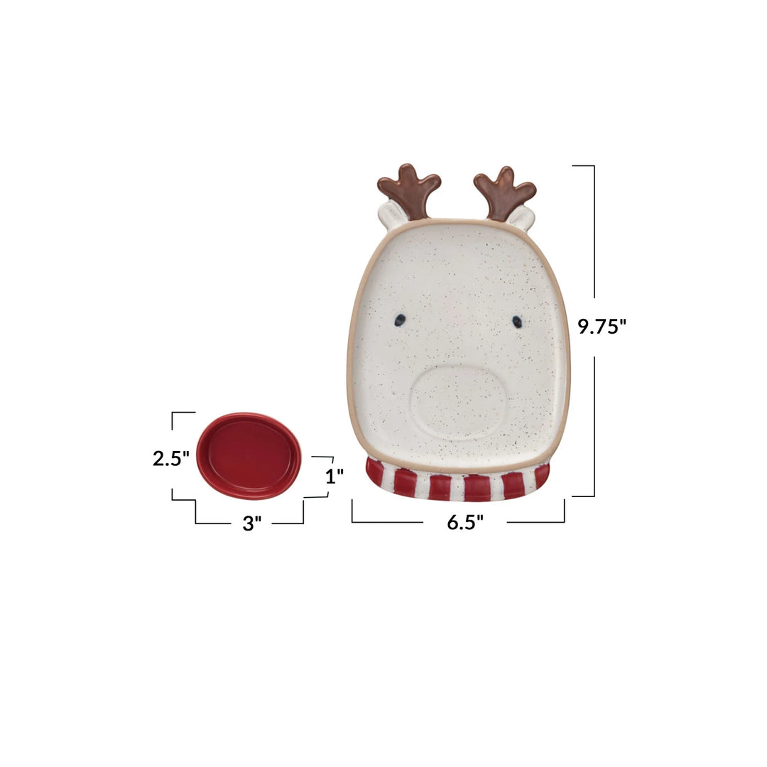 Stoneware Reindeer Shaped Platter w/ Dish (Each One Will Vary)