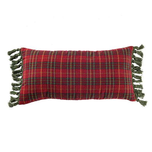 24"L x 12"H Cotton Plaid Lumbar Pillow w/ Tassels, Multi Color