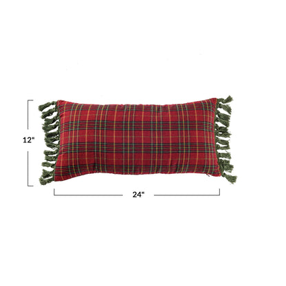 24"L x 12"H Cotton Plaid Lumbar Pillow w/ Tassels, Multi Color