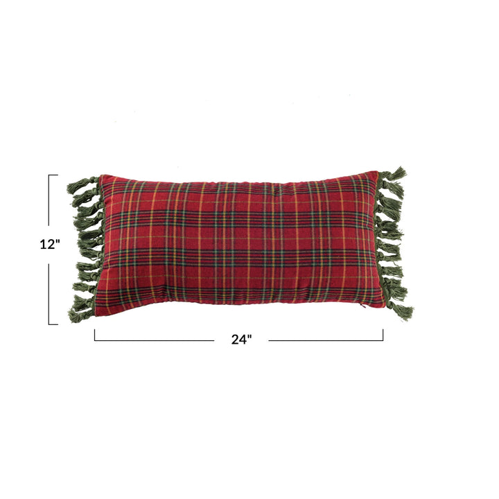 24"L x 12"H Cotton Plaid Lumbar Pillow w/ Tassels, Multi Color