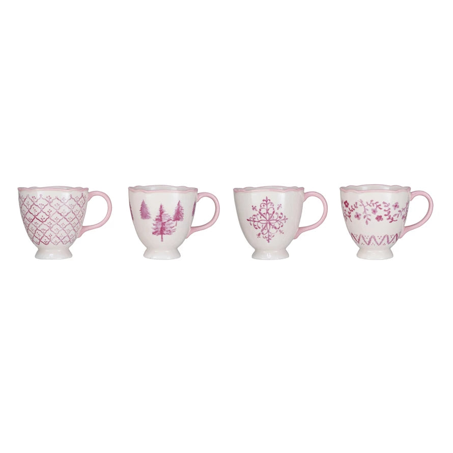 Stoneware Teacup w/ Holiday Image & Scalloped Rim, 4 Styles