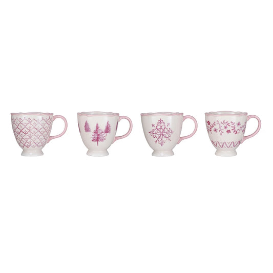 Stoneware Teacup w/ Holiday Image & Scalloped Rim, 4 Styles