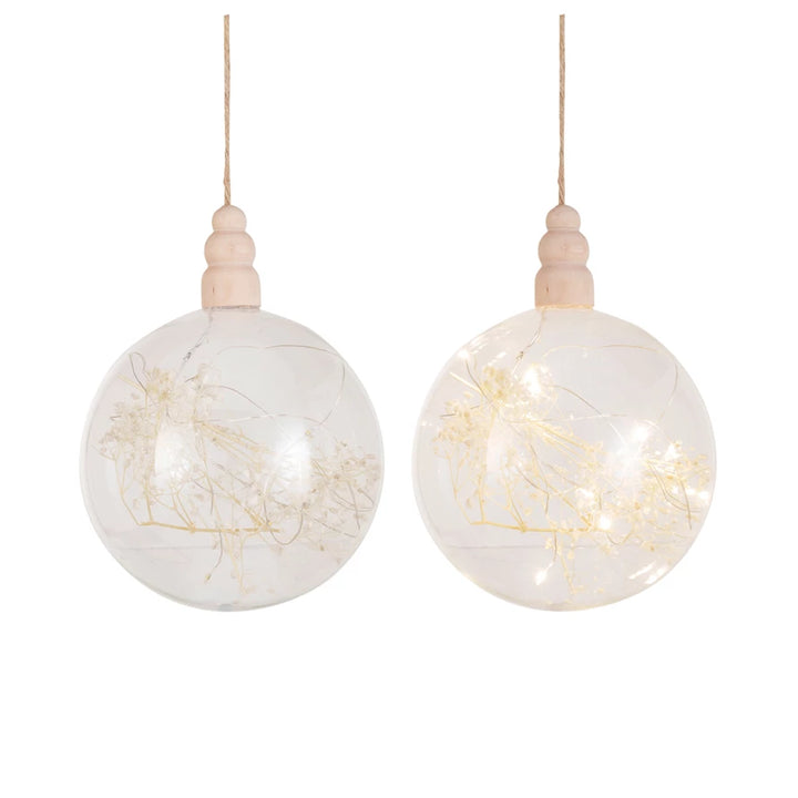 Glass &amp; Wood LED Ball Ornament w/ Dried Botanicals