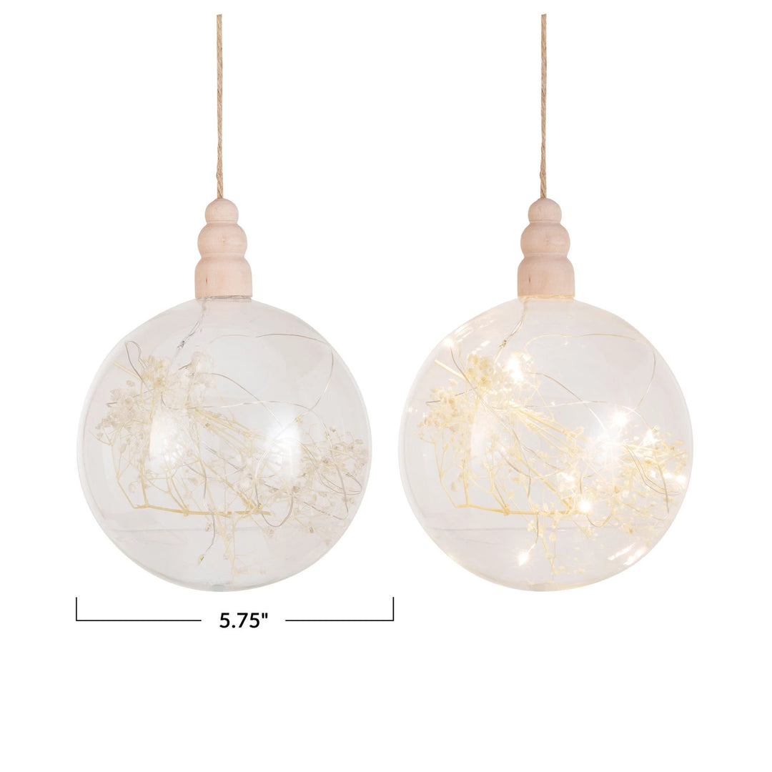 Glass &amp; Wood LED Ball Ornament w/ Dried Botanicals