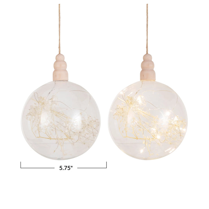Glass &amp; Wood LED Ball Ornament w/ Dried Botanicals