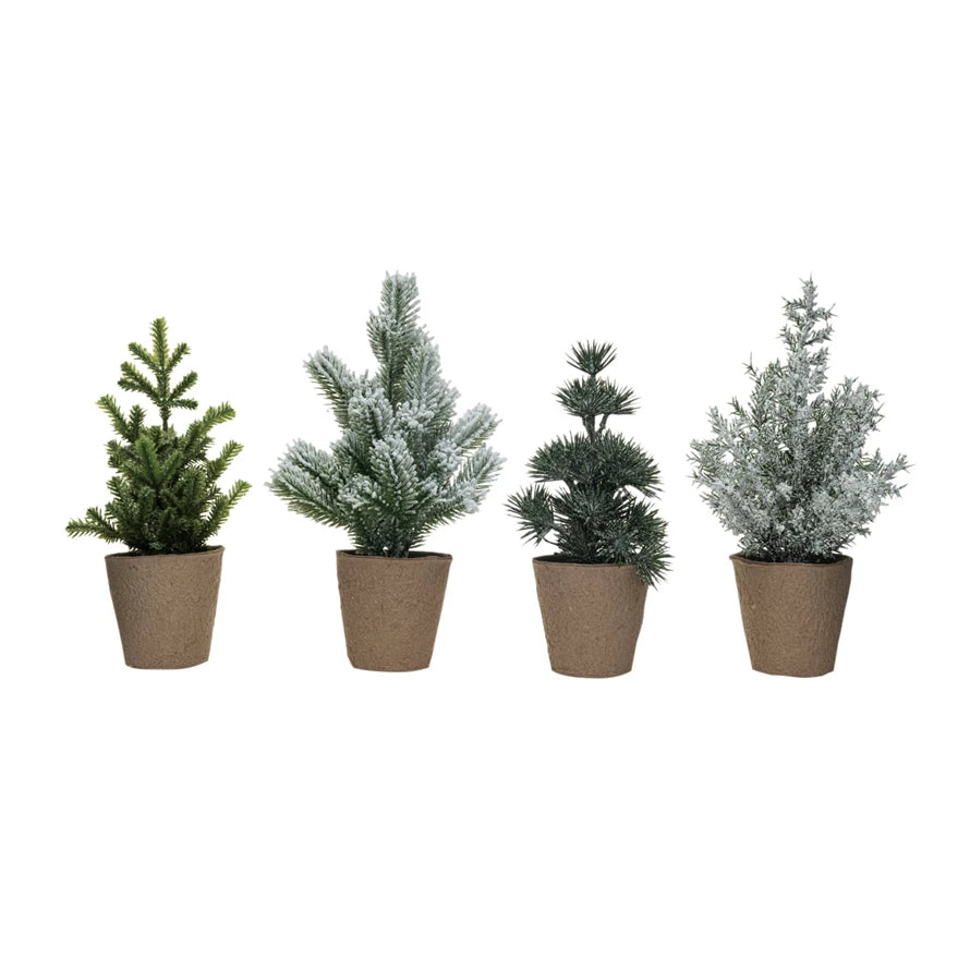 Faux Pine Tree in Paper Pot, Snow/Frost Finish, 4 Styles