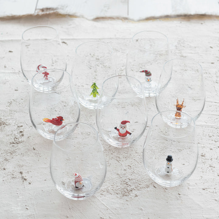 Creative Coop Stemless Wine Glass with Holiday Figure Inside, Detail View | Bella Gifts from the Heart