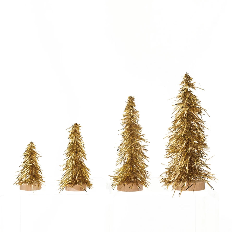 Tinsel Trees w/ Wood Base, Gold Color, Set of 4