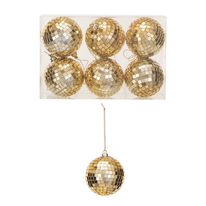 Glass &amp; Foam Disco Ball Ornaments w/ Acetate Box, Gold Finish, Boxed Set of 6