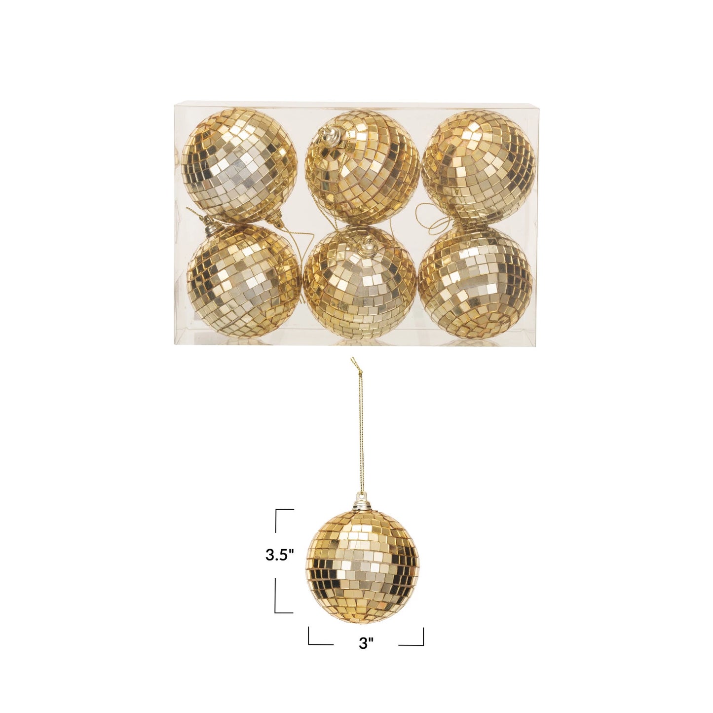 Glass & Foam Disco Ball Ornaments w/ Acetate Box, Gold Finish, Boxed Set of 6
