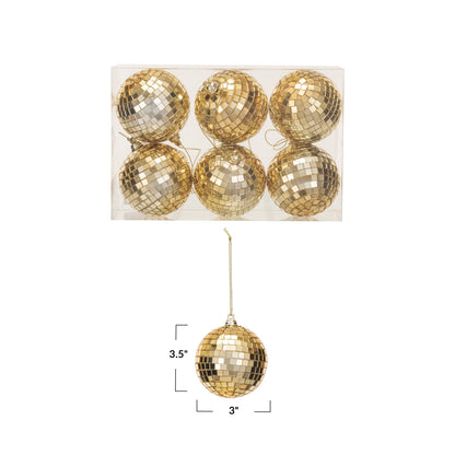 Glass & Foam Disco Ball Ornaments w/ Acetate Box, Gold Finish, Boxed Set of 6