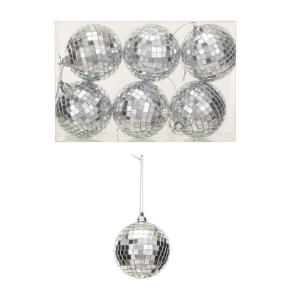 Glass & Foam Disco Ball Ornaments w/ Acetate Box, Silver Finish, Boxed Set of 6