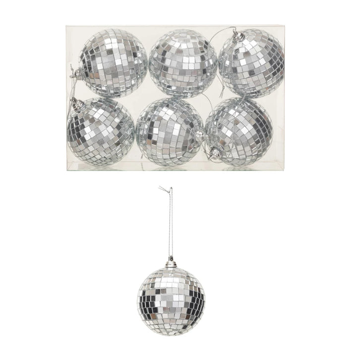 Glass &amp; Foam Disco Ball Ornaments w/ Acetate Box, Silver Finish, Boxed Set of 6