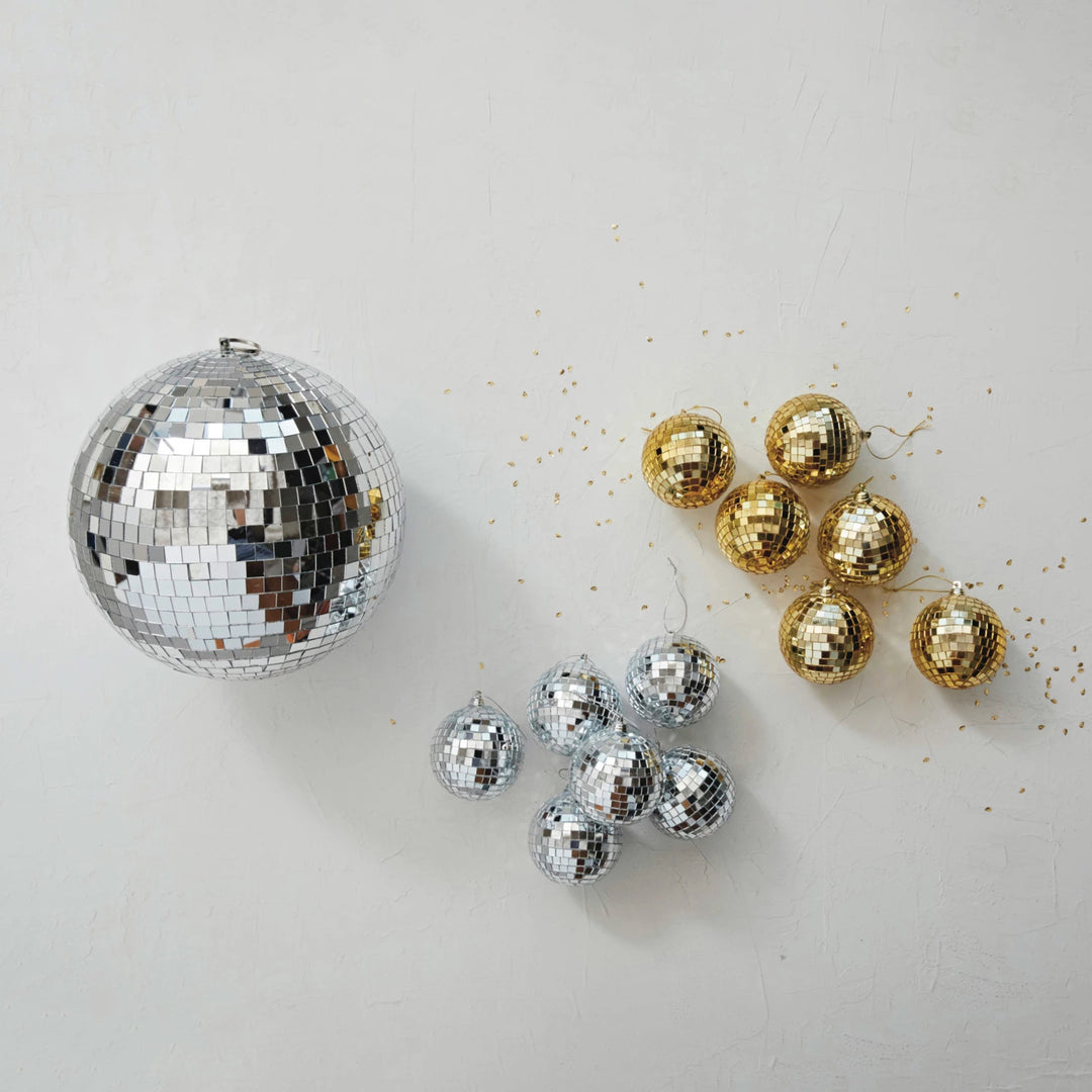 Glass &amp; Foam Disco Ball Ornaments w/ Acetate Box, Silver Finish, Boxed Set of 6