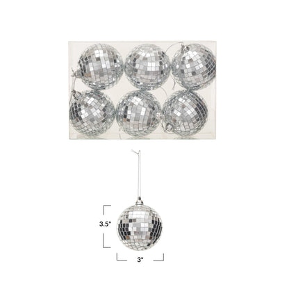 Glass & Foam Disco Ball Ornaments w/ Acetate Box, Silver Finish, Boxed Set of 6