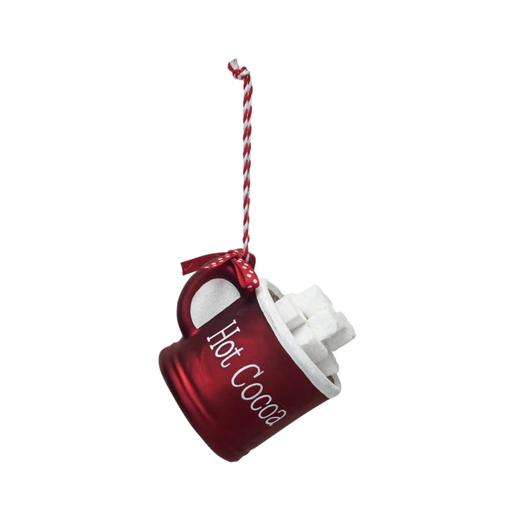 Glass Hot Cocoa Mug Ornament w/ Polka Dot Ribbon "Hot Cocoa", Red &amp; White