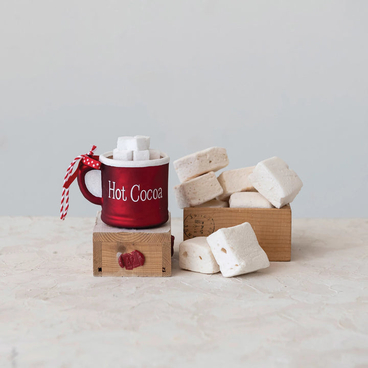 Glass Hot Cocoa Mug Ornament w/ Polka Dot Ribbon "Hot Cocoa", Red &amp; White