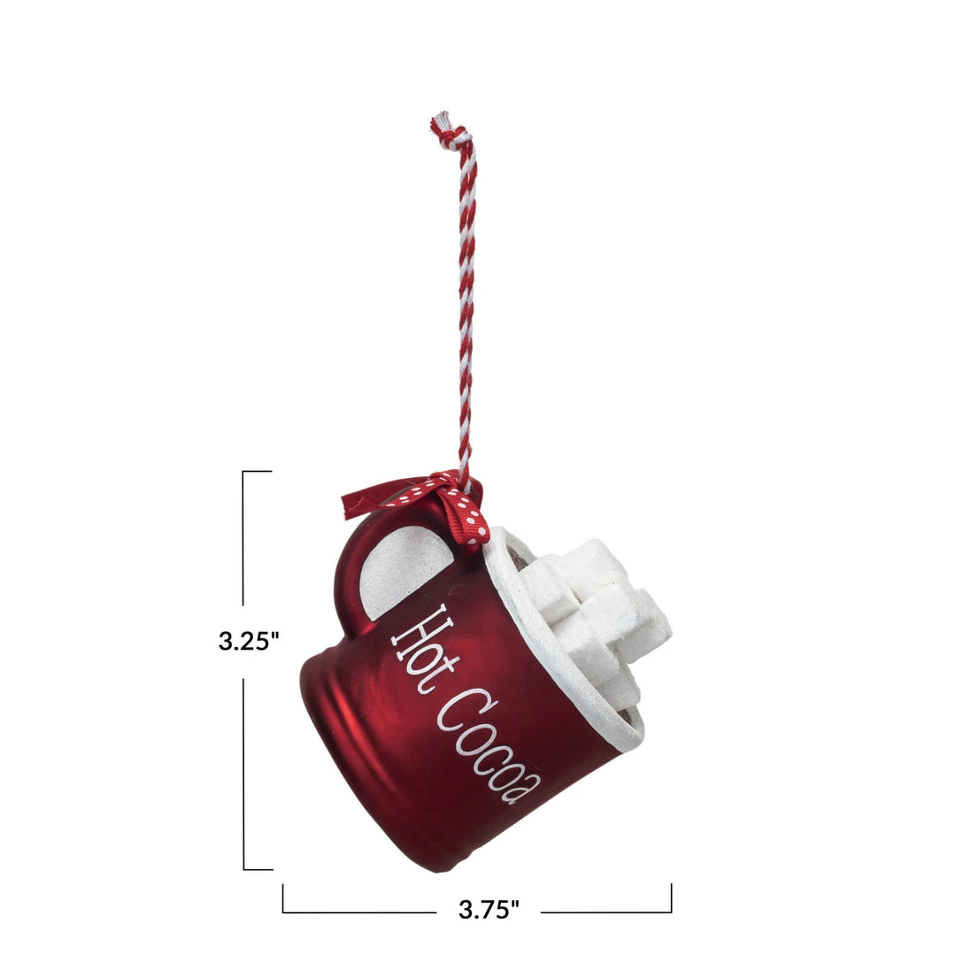 Glass Hot Cocoa Mug Ornament w/ Polka Dot Ribbon "Hot Cocoa", Red &amp; White