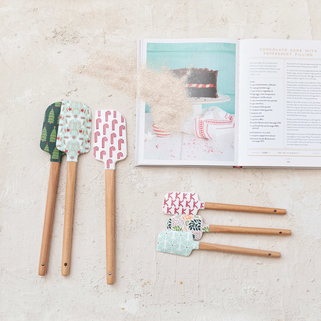 Silicone &amp; Wood Spatulas w/ Holiday Pattern, 6 Styles