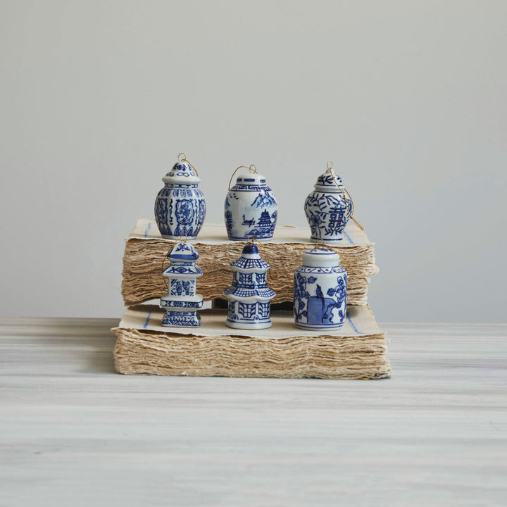 Creative Coop Stoneware Ginger Jar Ornament, Blue &amp; White, 6 Styles