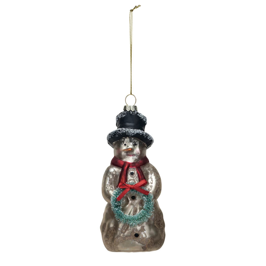 Mercury Glass Snowman Ornament w/ Wreath, Multi Color