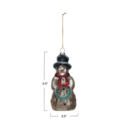 Mercury Glass Snowman Ornament w/ Wreath, Multi Color