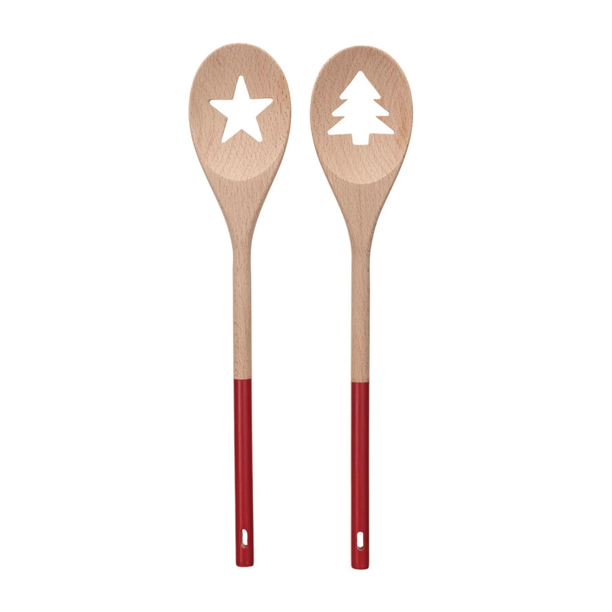 Acacia Wood Spoon w/ Tree/Star Cut-Out, Natural &amp; Red