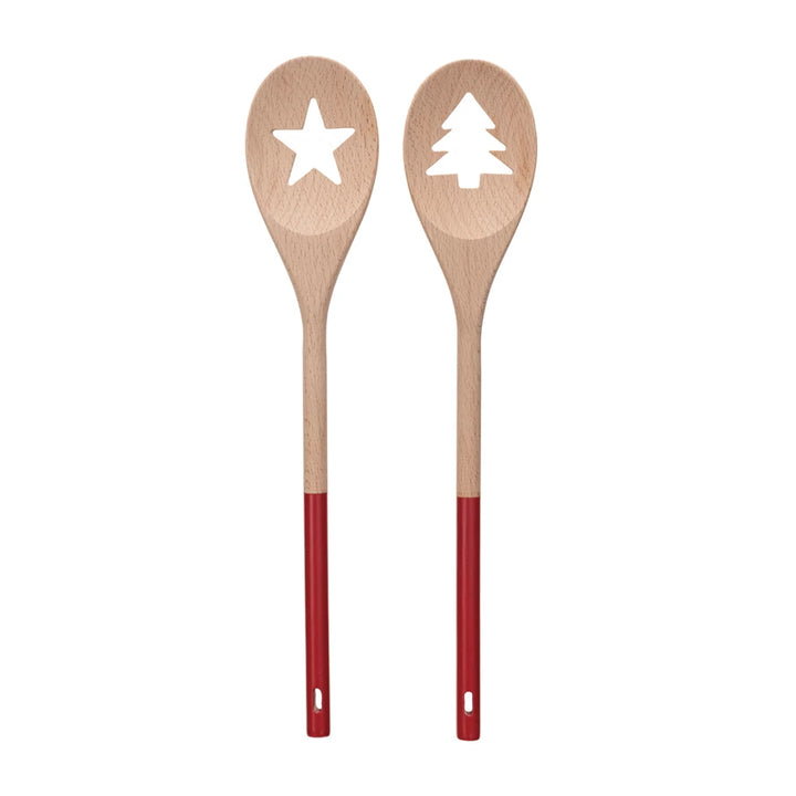 Acacia Wood Spoon w/ Tree/Star Cut-Out, Natural &amp; Red