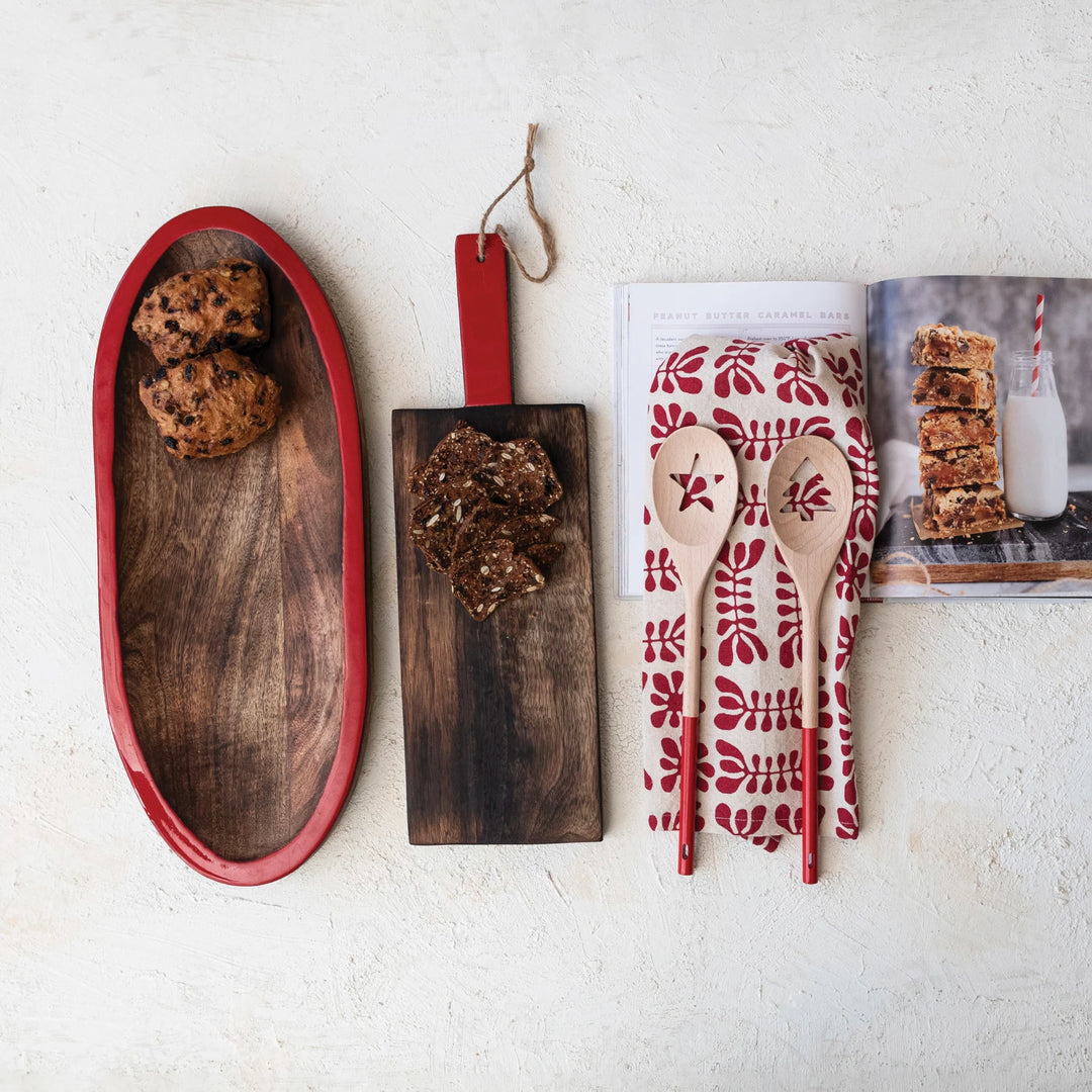 Acacia Wood Spoon w/ Tree/Star Cut-Out, Natural &amp; Red