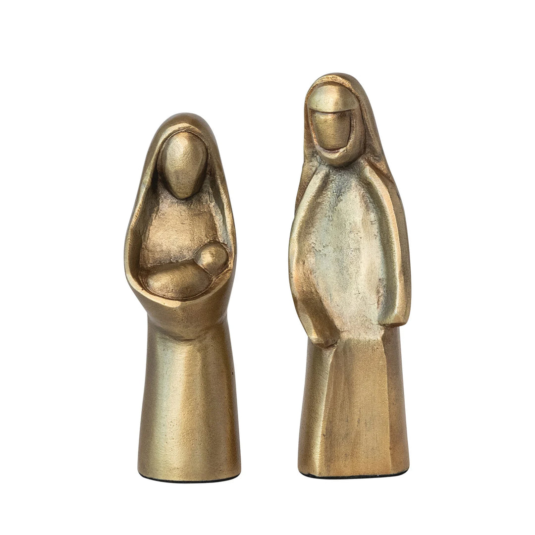 Creative Co-op cast aluminum Holy Family figurine set of 2 in an antique gold finish, Mary and Joseph with the Christ child