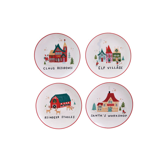 Stoneware Plate with North Pole Village Building, 4 Styles ©