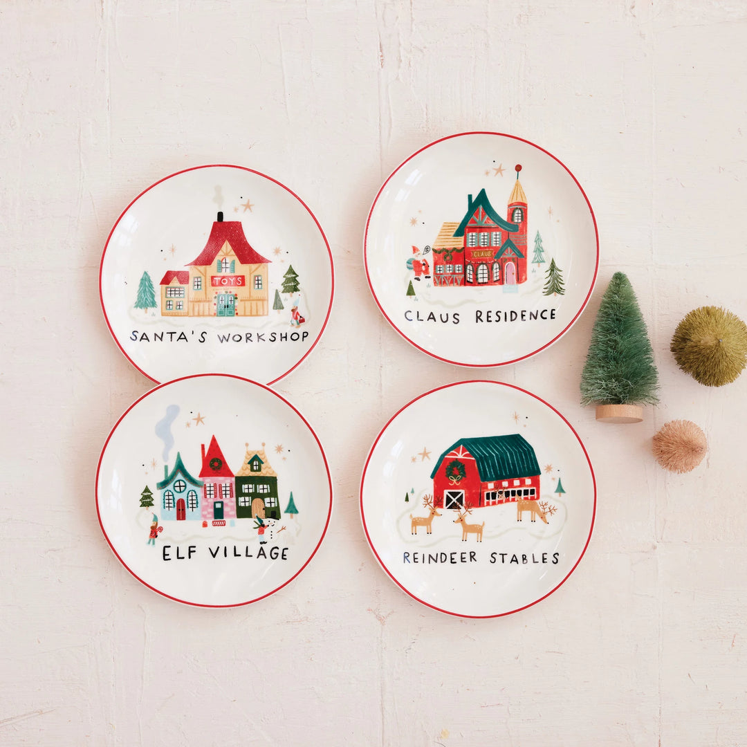 Stoneware Plate with North Pole Village Building, 4 Styles