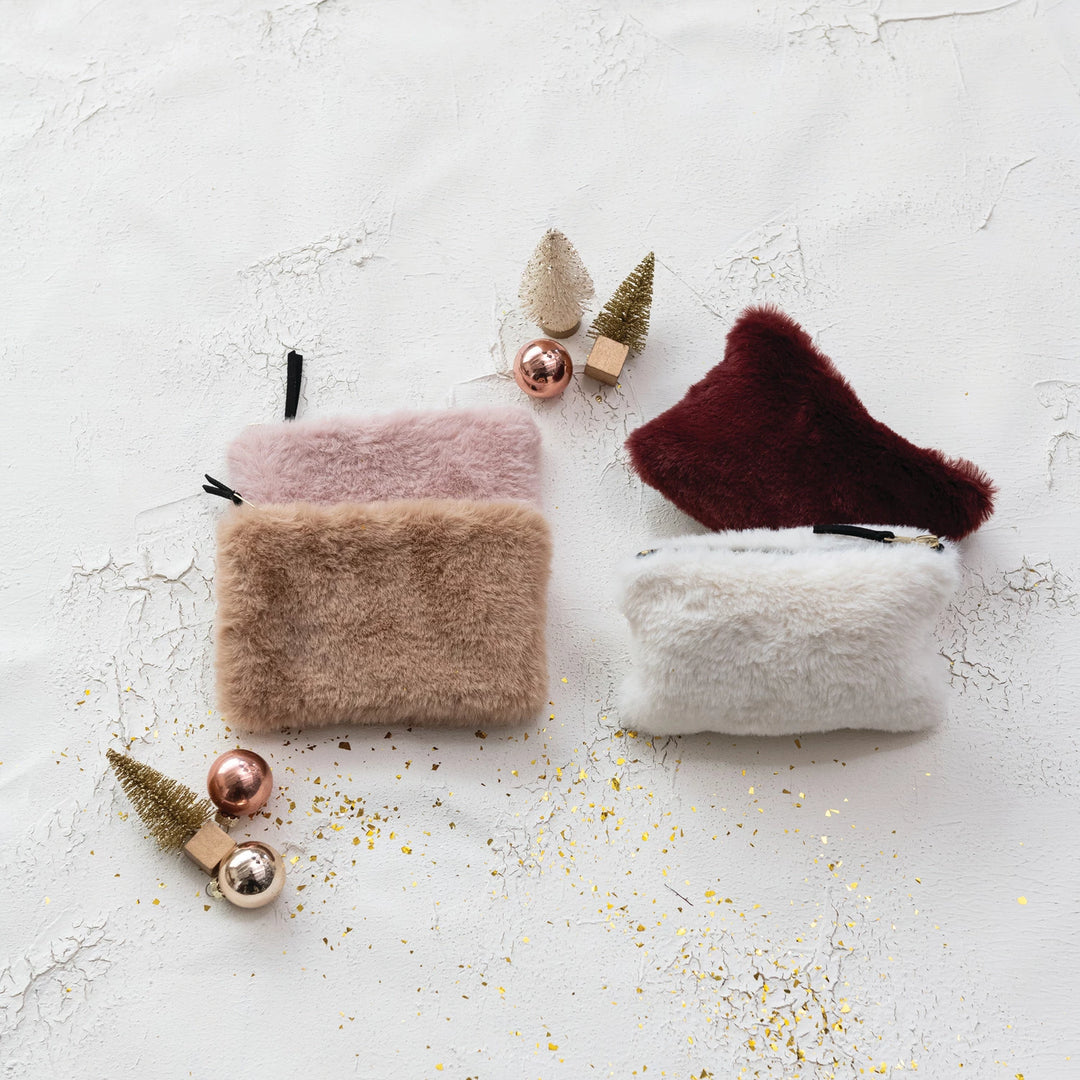 Faux Fur Fabric Zip Pouch with Interior Lining, 4 Colors